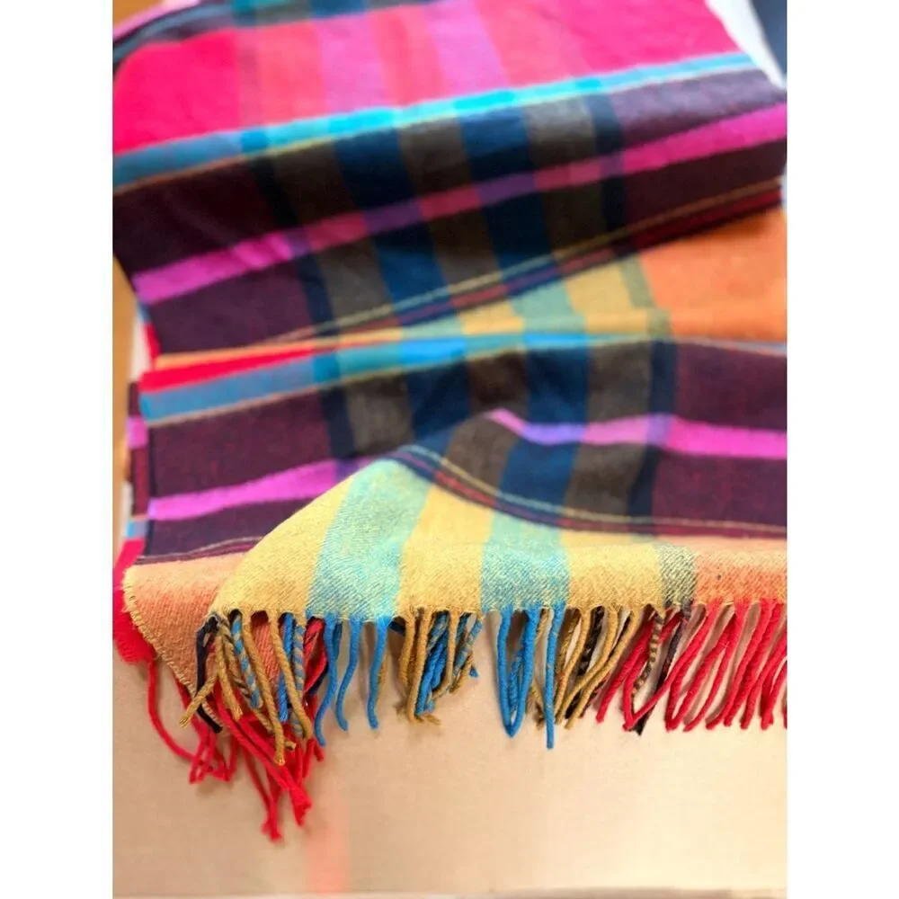 Bright Plaid Fringe Scarf Multicolor Tartan 15”x64”